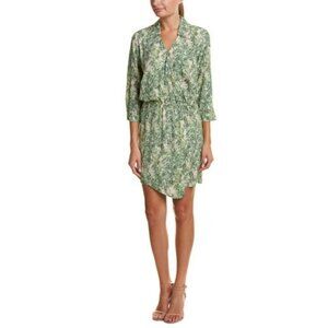 Drop Waist Dress Palm Leaf  print 3/4 long sleeve midi Hankerchief Hem V Neck EC
